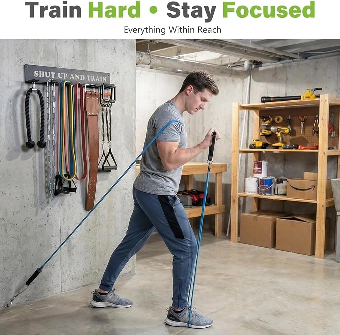 Home Gym Accessories Organization Storage Rack Equipment For Home 8 Hook Wall Hanger Display Gear Barbells Resistance Bands Jump Ropes Lifting Belt Hanger Accessories Hardware Included