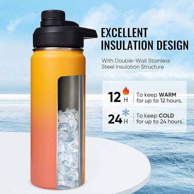 Fijinhom Insulated Water Bottle with Handle, 304 Stainless Steel Water Bottles with Wide Mouth, Double Wall Vacuum Sports Water Bottle, BPA Free, Keep Cold and Hot, 18 Ounces, Yellow&Orange