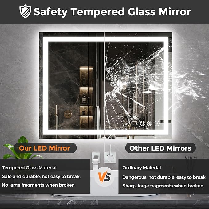Koonmi 50x30 LED Bathroom Mirror with Light, Anti-Fog, 3 Colors | Backlit + Front Lit, Dimmable Brightness, Shatterproof HD Distortion-Free Tempered Glass, Hardware Included