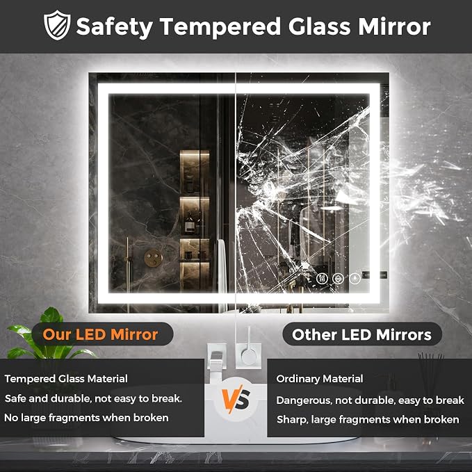 Koonmi 32x30 LED Bathroom Mirror with Light, Anti-Fog, 3 Colors | Backlit + Front Lit, Dimmable Brightness, Shatterproof HD Distortion-Free Tempered Glass, Hardware Included