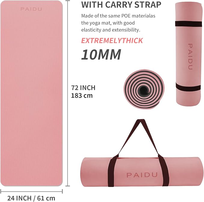 PAIDU POE Yoga Mat （10mm）Extra Thick Fitness Mat 72"x24" with Carry Strap | Non-slip, tear-resistant and suitable for all ages, perfect for yoga, Pilates, home gym and full-body workouts.
