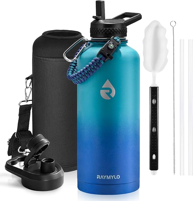 RAYMYLO Insulated Water Bottle 87 oz, Triple Wall Vacuum Stainless Steel | Cold for 48 Hrs), Leak Proof & Non-BPA, Modern Water Flask Jug with Paracord Handle & Straw Spout Lids, Cyan Blue