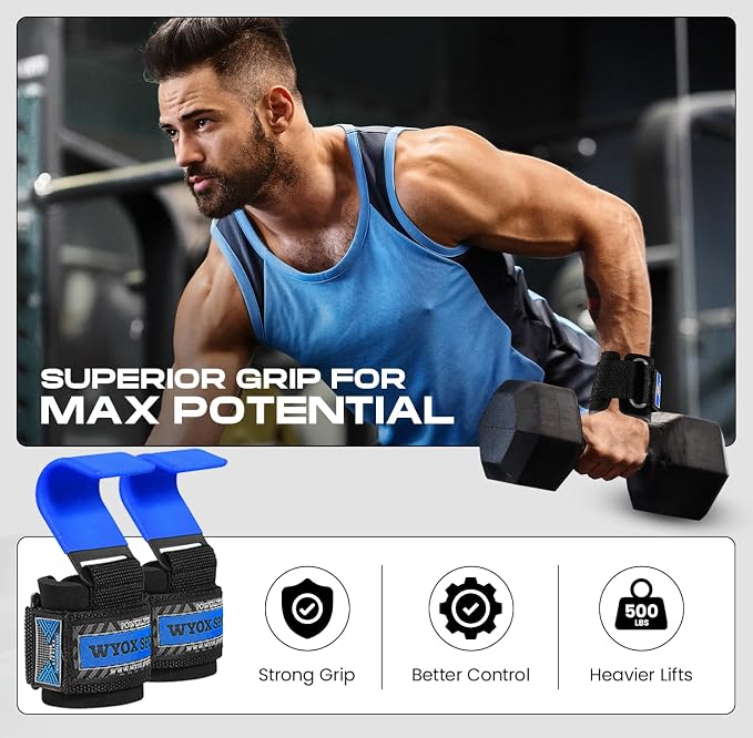 Weight Lifting Hooks for Men & Women – Heavy Duty Gym Hooks with 8mm Padded Wrist Support Grips to Lift Heavier, Reduce Grip Fatigue & Improve Performance for Deadlifts, Pull Ups & Rows, Pair of 2