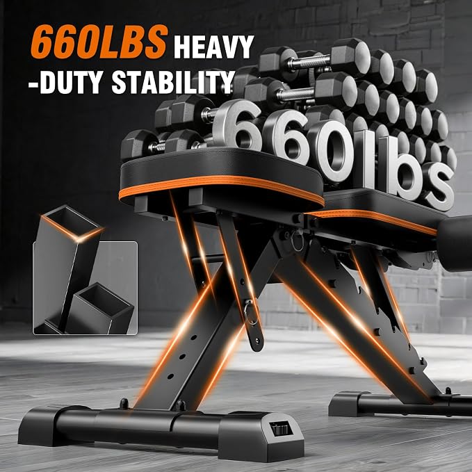 Adjustable Weight Bench for Home Gym, Foldable Workout Bench, Incline Bench | 660lbs Adjustable Weight Bench with 8 Backrest and 4 Seat Positions for Incline, Decline, and Flat Strength Workouts