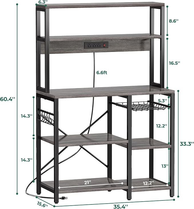 SUPERJARE Bakers Rack with Power Outlet, 35.4 Inches Coffee Bar with Basket | Kitchen Microwave Stand with 12 S-Shaped Hooks, Open Storage Shelves, Grey