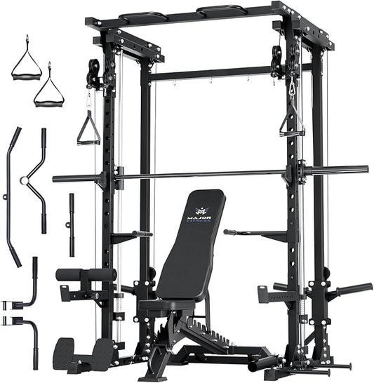 MAJOR FITNESS Drone3 Smith Machine, 2500lbs All-in-One Home Gym Power Rack with Dual Pulley System for Cable Crossover, Pull-Up Bars