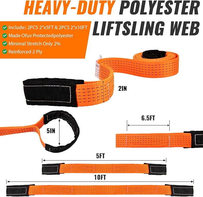 4PCS 2" x5 & 10Ft Heavy Duty Nylon Lifting Straps 18800LBS Tow Strap | Super Sturdy Flat Eye Rigging Webbing Sling, 18800LBS Capacity for Hoist, Moving, Towing, Tree Saver & Winch Strap