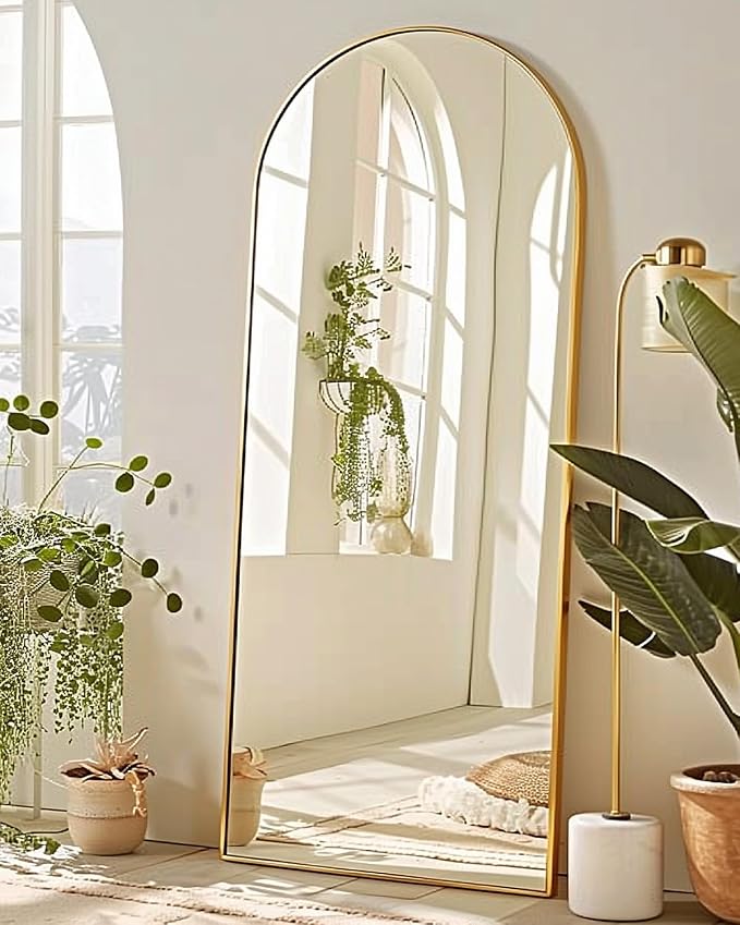 Full Length Mirror, 57"x19" Arched Floor Mirror Freestanding, Floor Standing Full Body Mirror with Stand for Bedroom, Hanging Mounted for Living Room Cloakroom, Gold