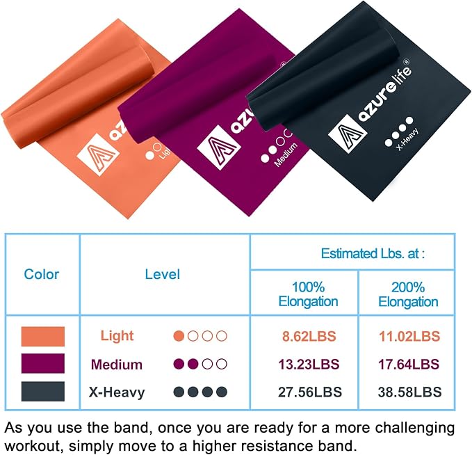 A AZURELIFE Resistance Bands,Professional Long Non-Latex Elastic Stretch Bands,Exercise Bands for Physical Therapy, Yoga, Pilates, Rehab, at-Home or The Gym Workouts, Strength Training