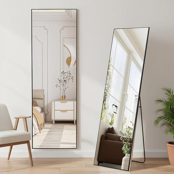 NEWBULIG Full Length Mirror, 59"x16" Full Body Standing Mirror, Black | Leaning or Standing, Tempered Glass, Aluminum Alloy Thin Frame Floor Stand for Bedroom, Cloakroom