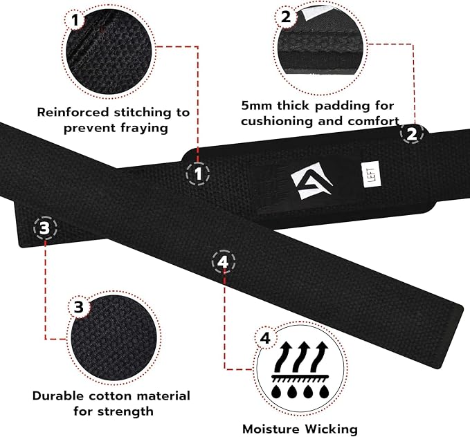 AQF Weight Lifting Straps, Padded Cotton Gym Wrist Straps for Deadlifts | 23" Extra-Long, Heavy-Duty Webbing, 5mm Neoprene Cushioning, Open-Loop Design, Sold as Pair, Ideal for Rows & Pull Workout