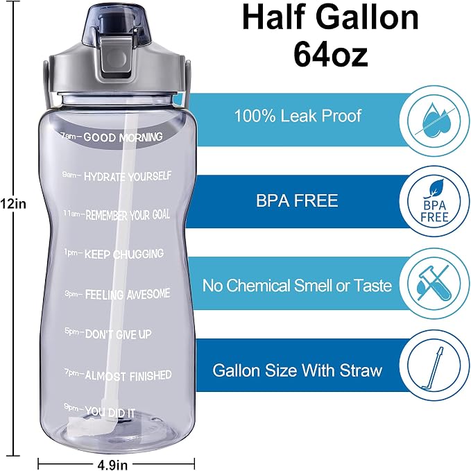 EYQ 64oz/128oz Leakproof Free Drinking Water Bottle with Motivational Time Marker BPA Free for Fitness, Gym and Outdoor Sports