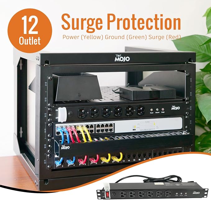 Tecmojo 1U Rackmount Network-Grade PDU Surge Protector, 12 Outlets (6 Front, 6 Rear Wide Spaced) 12A 6ft Cord with 5-15P Lug - Black, UL Certified