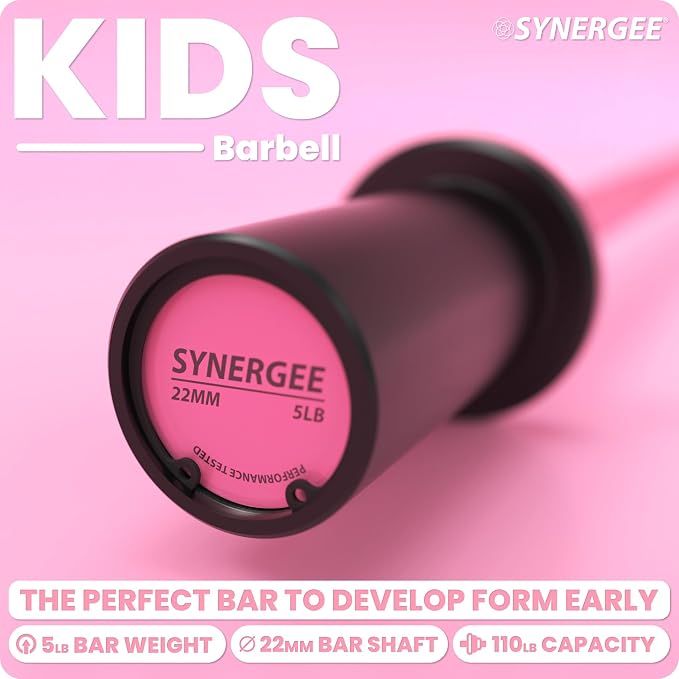 Synergee Kids Barbell – 5 lb Youth Bar in Blue Orange Pink