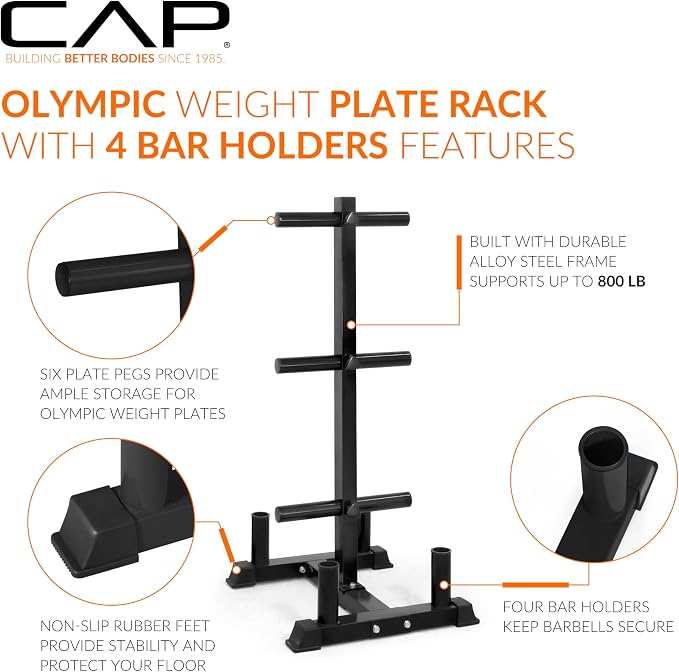 CAP Olympic Bumper Plate Tree Rack with Barbell Holders, Heavy-Duty Weight Plate Storage Rack for Home Gym, Steel Olympic Plate Organizer Stand, Multiple Color & Size Options