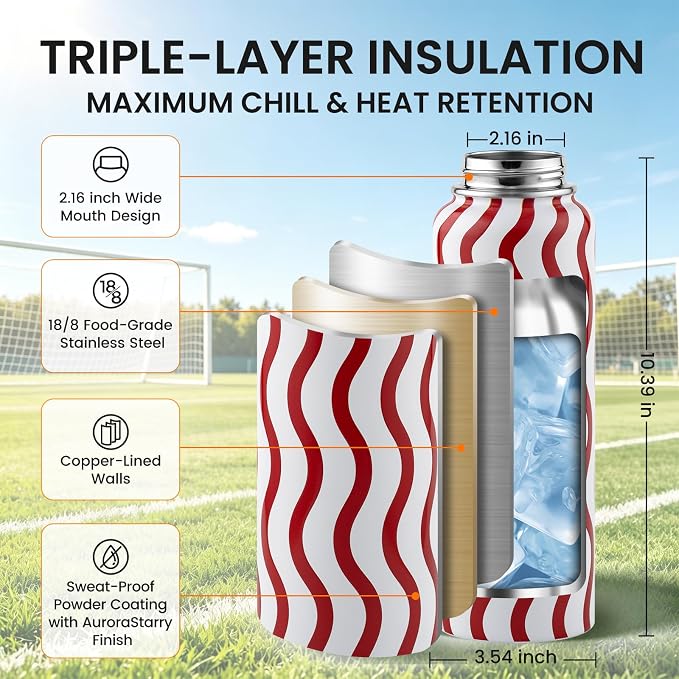 RAYMYLO Insulated Water Bottle 40 oz, Triple Wall Vacuum Stainless Steel | (Cold for 36Hrs, Hot for 18Hrs), Leak Proof & Non-BPA, Modern Water Flask Jug with Paracord Handle & Straw Spout Lids