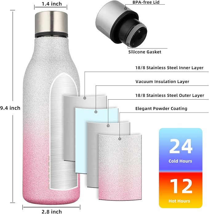BJPKPK 18oz Insulated Water Bottle, Stainless Steel Bottle with Carry Strap | Keep Cold & Hot Vacuum Insulation, Leak-Proof BPA-Free Design, Slim Bottle Fits Most Cup Holders for Gym, Office & Travel