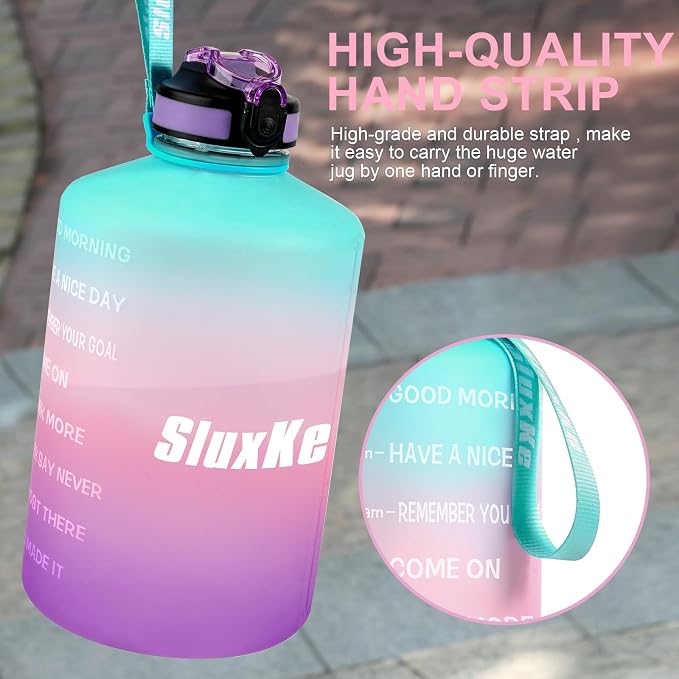 SLUXKE 1 Gallon Motivational Sports Water Bottle with Time Marker, BPA Free 128oz Leak Proof Jug, Black, Plastic, 128 ounces, Fitness, Sports, Outdoor Activities