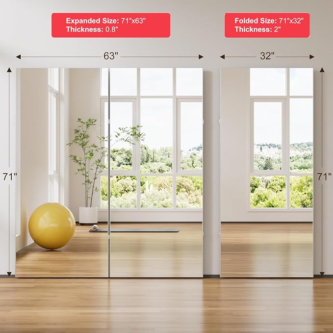 NanoMirror Space-Saving 360° Folding Full Length Mirror, 71" x 63" Ultra-Large Wall Mounted Shatterproof Foldable Design for Home Gym, Yoga, Dance, Fitness Studio, Silver