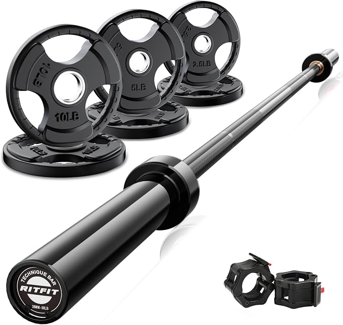RitFit Barbell Weight Set - 4/6FT Olympic Barbell with Weight Plates (55-115LB Total) - Weightlifting Equipment for Squats, Curls, Deadlifts, Presses, Hip Thrusts