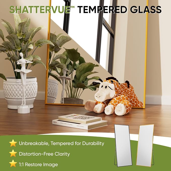 Full-Length Floor Mirror with Stand, 78"x38" Rectangle Style Full Body Standing Mirror for Bedroom, Living Room, Gym, Dorm - Shatter-Resistant & Easy Assembly, Gold
