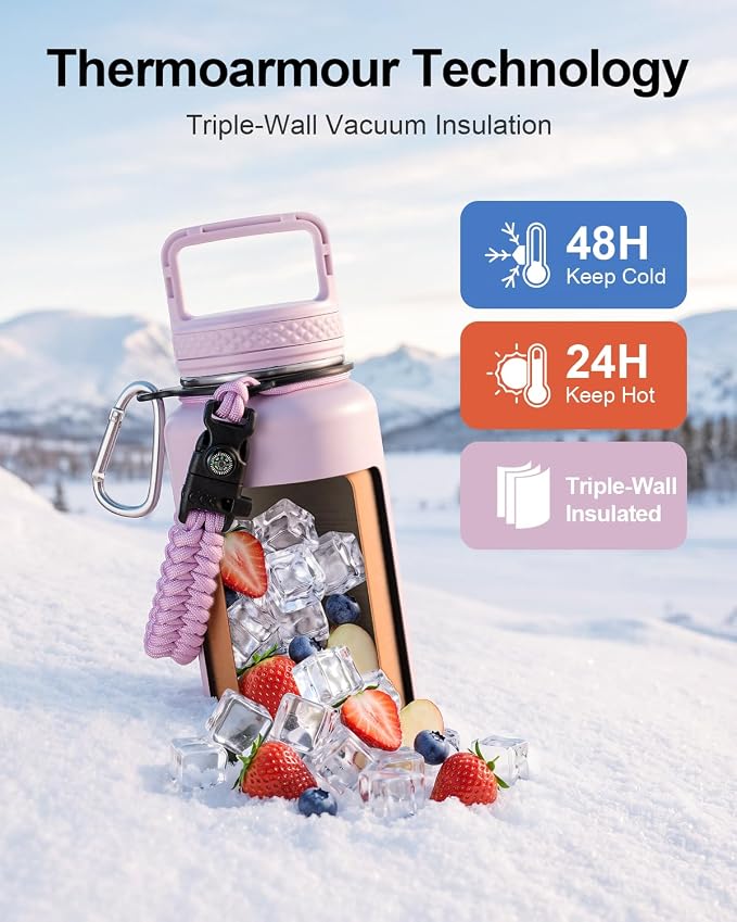 Trebo Water Bottle Insulated 40 oz with 3 Lids, Paracord Handle & Sleeve | Stainless Steel Flask Vacuum, Triple Wall Copper Plated, Dishwasher Safe, Keeps Cold 48Hrs for Hiking, Gym, Wide Mouth