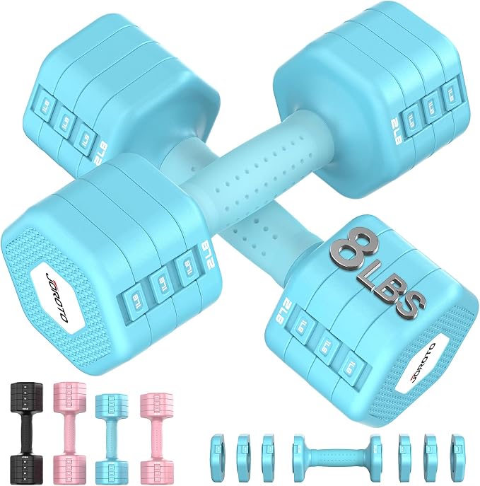 JOROTO 5-in-1 Adjustable Dumbbell Set, 8LB/11LB Pair Adjustable Weights for Women at Home, 1s-Adjust Dual Locking Stable Hand Weights with TPE Soft Handle, Home Gym, Rehab, Pilates, Yoga, Strength Training