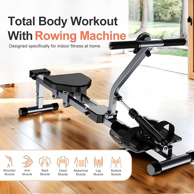 Foldable Rowing Machine, 12-Level Hydraulic Rower for Home Gym | 300LBS Capacity Compact Rowing Machine with LCD Display, Full Body Workout Equipment for Home Exercise & Cardio Training