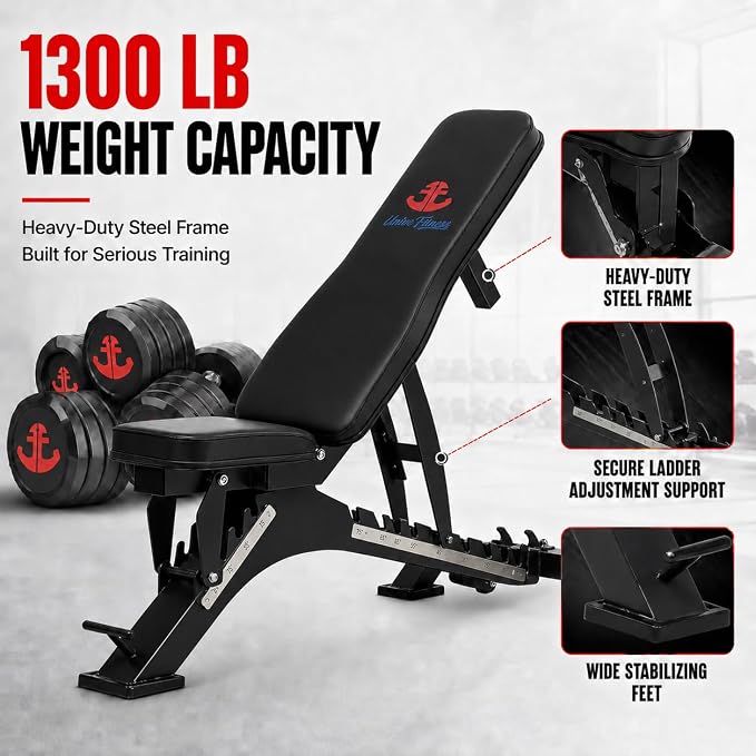 Unive Fitness Adjustable Weight Bench 1300 lb Capacity, 40-Position Workout Bench with 10 Backrest & 4 Seat Angles, Heavy Duty Strength Training Bench for Home Gym, Garage Gym, Incline Flat Dumbbell Workouts