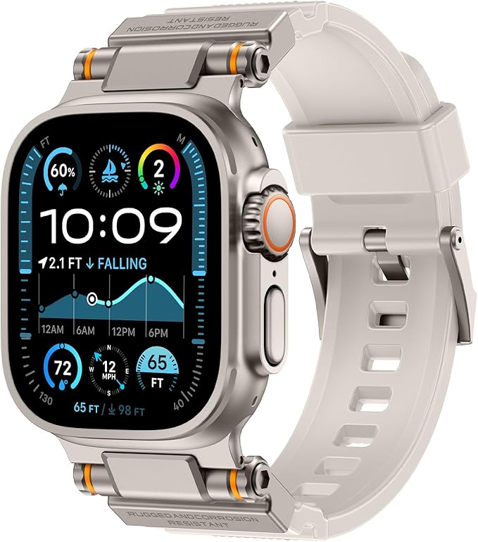 Band Compatible with Apple Watch Ultra 3/2/1 Band 49/46/45/44mm | Metal Connector with Silicone Rugged Strap for iWatch Ultra Series 11/10/9/8/7/6/SE3/SE2/SE/5/4/3/2/1, Starlight/Titanium