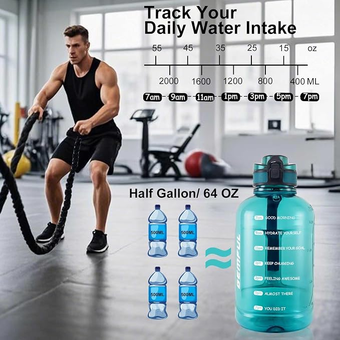 GEMFUL 64oz Motivational Water Bottle 2 Liter Sports Jug for Gym (Cyan) | BPA-Free, 64oz Capacity, Time Marker Tracks Daily Intake, Chug Lid, for Gym, Fitness, Hiking, Sport, Camping, Office, Travel
