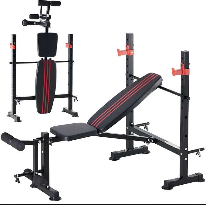 DUMOS Adjustable Weight Bench Set with Rack, 650LBS Foldable Bench Press | Easy Assembly Workout Set with Leg Extension Curl, for Indoor Exercise Home Gym