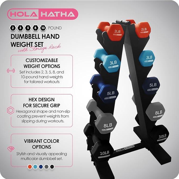 HolaHatha 1, 2 and 3 lb Neoprene Dumbbell Strength Training Weight Set with Rack