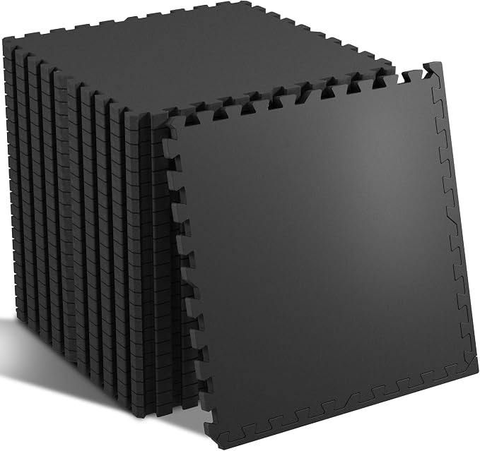 SUPERJARE 0.79'' Extra-Thick Exercise Equipment Mats, 24 Pcs 96 Sq Ft Rubber Top Floor Tiles with High Density EVA Foam, Interlocking Gym Flooring for Home Gym, Workout Mat, Black