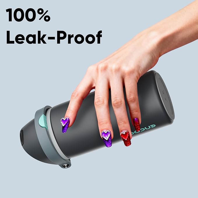 Insulated Water Bottle with Straw - Encool Stainless Steel Water Bottle with Push Button Lid, Leak-Proof & BPA-Free, Keeps Cold for 24 Hours for Sports, Travel, Gym (18 oz, Tuna Grey-Green)