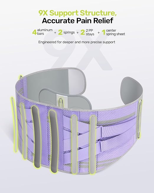 Rakiie Back Brace for Lower Back Pain Women with 9X Support System, Ergonomic Lumbar Support for Pain Relief, Breathable Mesh Design with 3D Silicone Pad for Sciatica,Purple Size S (Waist: 28.7"-35.8")