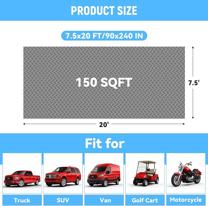 7.5x20 FT Garage Floor Mat, 2.8mm Thickened Diamond Plate | PVC Flooring Roll for Under Car/Garage/Warehouse/Basement/Gyms/Trailer, 150 SQFT Garage Mat, Tapes Included, Gray