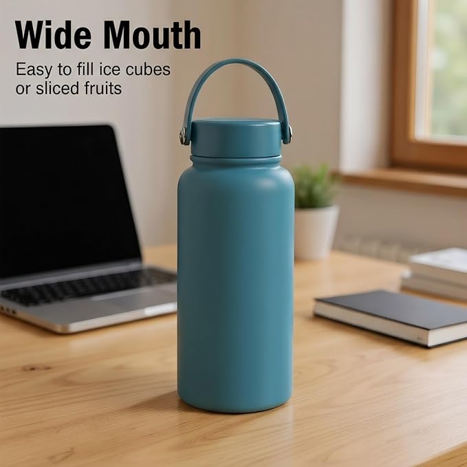 Blue Insulated 32 oz Metal Leakproof Water Bottle | Mens Stainless Steel Water Flask, Large Sports Travel Water Bottle for Gym,Hiking,1 liters Thermal Bottle with 2 Lids
