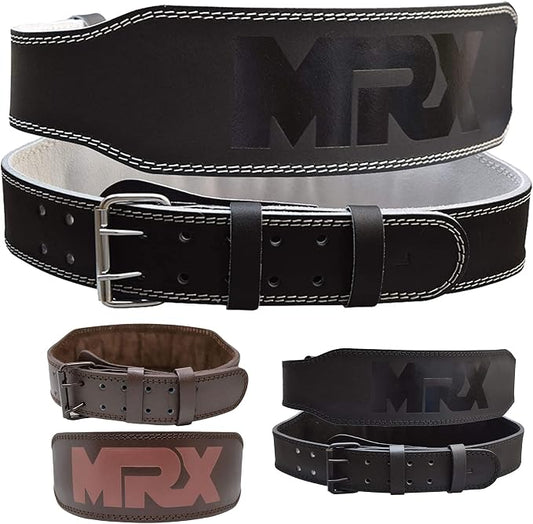 MRX Weight Lifting Belt Genuine Leather - 4 Inches Wide 8mm Thick Padded Lumbar Back Support Double Prong Powerlifting Belts Heavy Duty Deadlifts Workout Squats & Exercise Belt for Men & Women