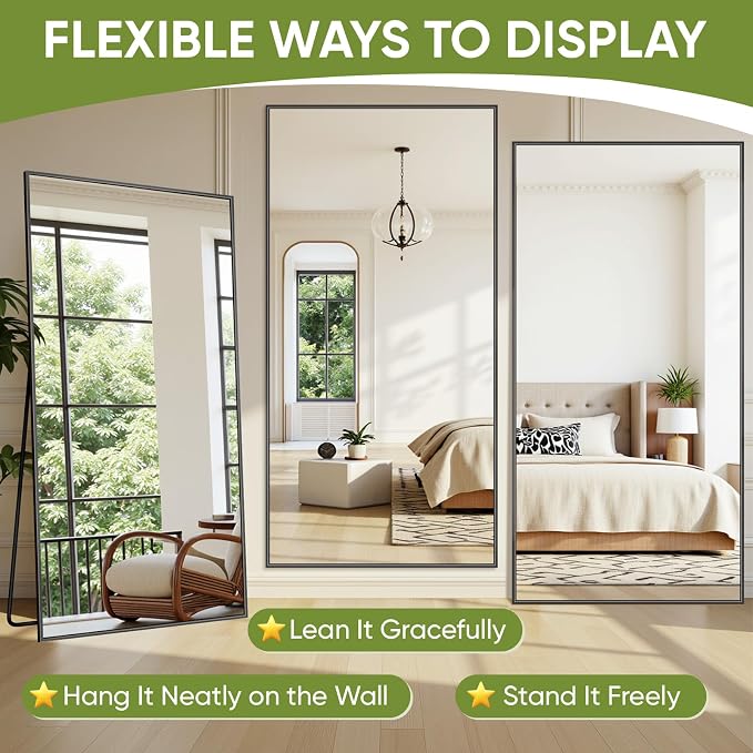 Full-Length Floor Mirror with Stand, 78"x38" Rectangle Style Full Body Standing Mirror for Bedroom, Living Room, Gym, Dorm - Shatter-Resistant & Easy Assembly, Black