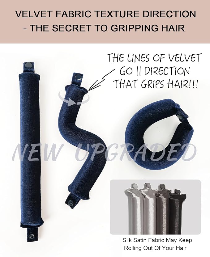 Littles Velvet Heatless Hair Curler Curling Rod Set, Soft Small Flexi Rods Hair Rollers Curlers to Sleep In No Heat Heatless Curls Overnight Rods for Short & Long Hair for Tight Curls Navy