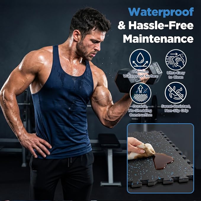 24 Sq Ft Rubber Top Gym Flooring for Home Gym, Black/White | 6 Tiles, High Density EVA Foam, Waterproof & Non-Slip Rubber, 0.4" Interlocking Puzzle Mats, Floor Protection, 24"x24"