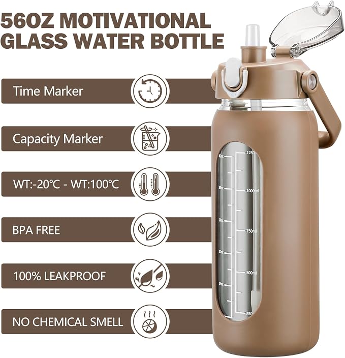 56oz Glass Water Bottles with Straw, Motivational Glass Bottle with Silicone Sleeve and Time Marker, Leakproof Large Glass Water Jug for Gym Home Office,Amber