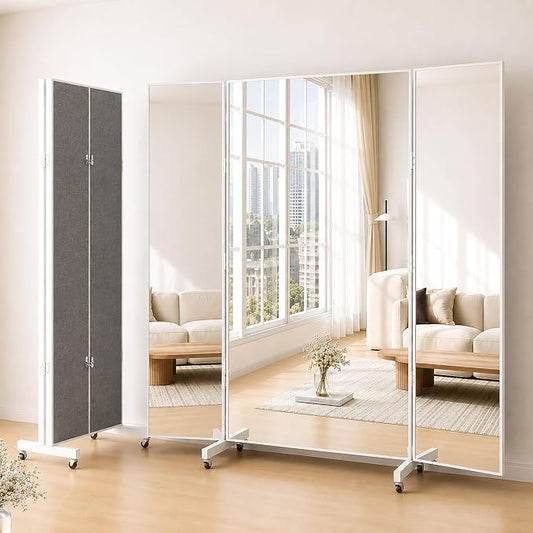 71”x67” Full Length 3-Way Glassless Rolling Mirror，Foldable Floor Standing | Trifold Nano Mirror with Wheels，Ultra-Light Mirror for Home Gym,Dance Studio & Workout Room, Space Saving, White