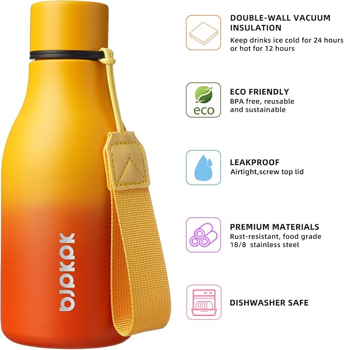 BJPKPK 12oz Insulated Water Bottle, Stainless Steel Bottle with Carry Strap | Keep Cold & Hot Vacuum Insulation, Leak-Proof BPA-Free Design, Slim Bottle Fits Most Cup Holders for Gym, Office & Travel