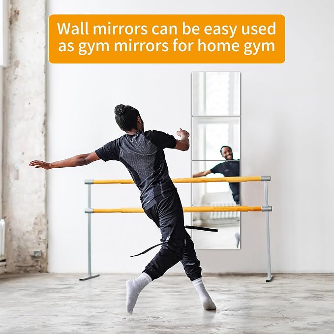 Unbreakable Wall Full Length Mirror Tiles, 4 PCS 16 x 12 Inches, Long Mirror for Wall, Full Body Mirrors Stickers, Acrylic, Kids, Wall Mounted Bedroom, Over The Door, Workout Mirrors for Home Gym