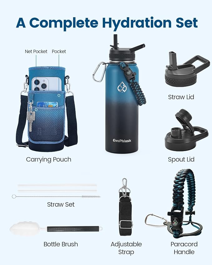 Insulated Water Bottle 40 oz with Carrier Bag, Indigo/Black | Stainless Steel, Vacuum Insulated Keep Cold 48 Hrs, Large Metal Water Jug, For Travel, Sport, Gym, Hiking
