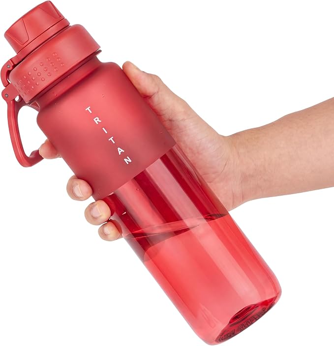 OLDLEY 32oz Water Bottle with Handle, BPA-Free Tritan Reusable Sports Water Bottle with Leak-Proof Dust Lid, Wide Mouth, Cup Holder Friendly, Half Frosted Clear Bottle for Gym,Travel, Work,Cherry Red