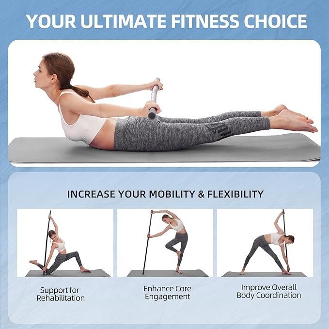Adjustable Yoga Stick (30/45/60 in), Fully Foam-Sleeved Steel Stretching & Mobility Stick with Exercise Guide, Portable Fitness & Rehab Tool, Carry Bag Included