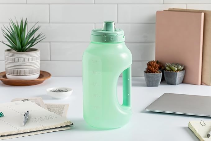Ello Hydra 64oz BPA-Free Plastic Water Jug with Time Markers, Yucca | Large plastic water bottle jug for all day hydration with time markers, carry loop, straw, leakproof lid, and BPA-free